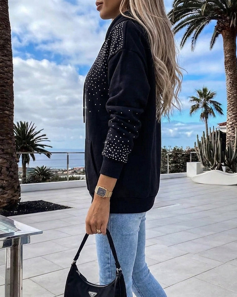Women's Rhinestone Drawstring Hooded Sweatshirt Casual Sparkly Loose Fit Pullover