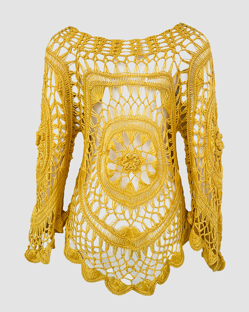 Women's Crochet Hollow Out Knit Top Batwing Sleeve Loose Cover Up Asymmetric Hem Sheer Bohemian Knitwear