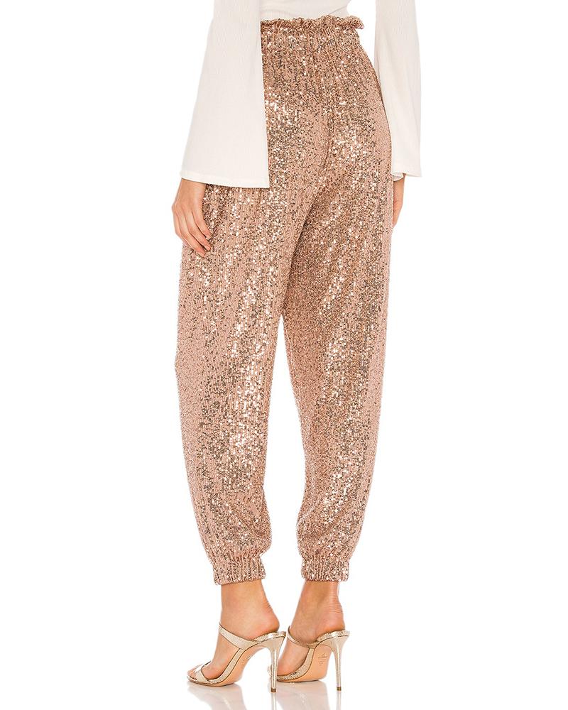 Drawstring Design Allover Shiny Sequins Cuffed Pants Partywear