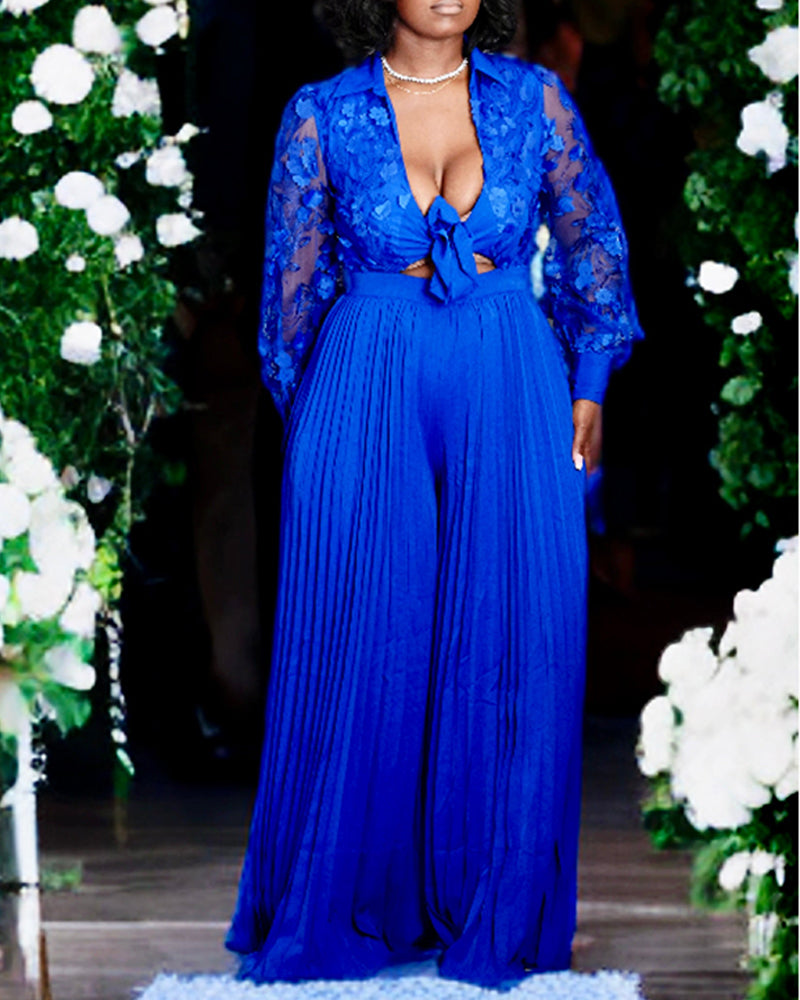 Jacquard Sheer Mesh Patch Turn-down Collar Jumpsuit Elegant Waist Tied Detail Pleated Flare Romper