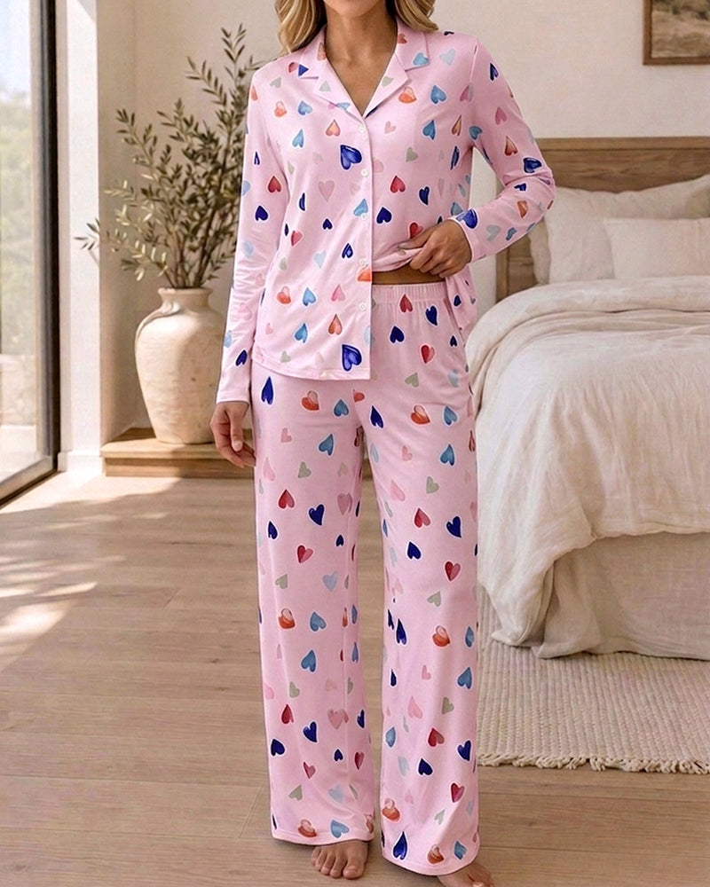 CHICME ESSENCE Women's Colorful Heart Print 2 Piece Pajama Set Long Sleeve Button Down Top and High Waisted Pants Casual Lounge Sets