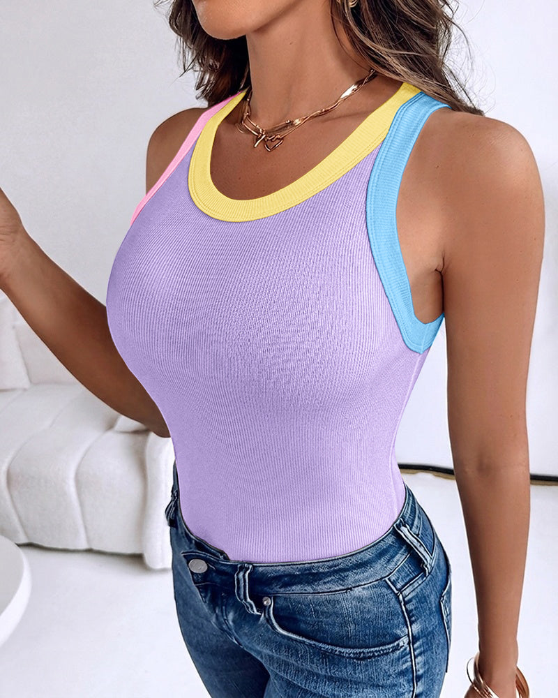 Women's Contrast Trim Ribbed Tank Top Slim Fit Sleeveless Round Neck Basic Camisole for Streetwear & Layering