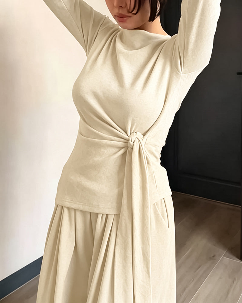 CHICME ESSENCE Women's 2 Piece Knit Lounge Set Long Sleeve Tie Waist Top and High Waisted Wide Leg Pants Casual Soft Sweatsuit with Pockets