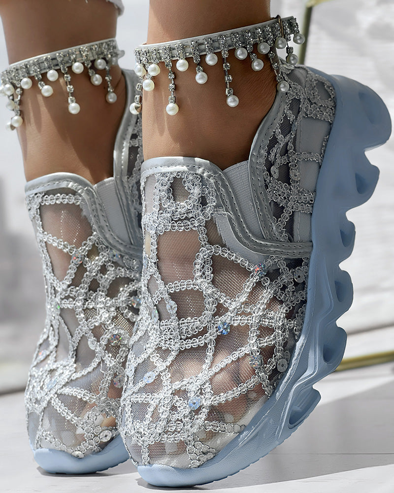 Contrast Sequin Sheer Mesh Patch Breathable Sneakers
