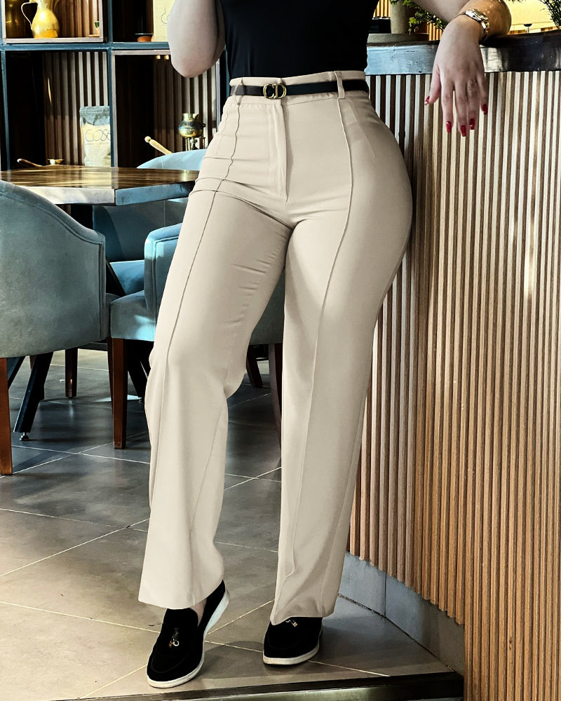 Zipper Fly High Waist Straight Leg Work Trousers Casual Elastic Back Waist Seam Front Business Pants