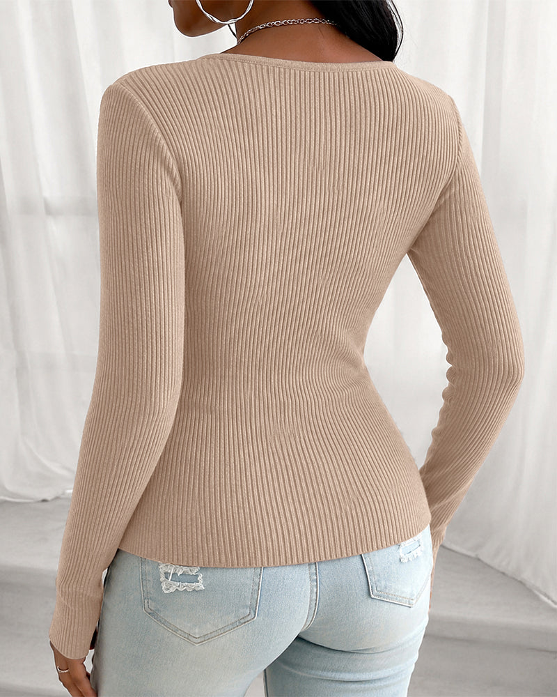 Women's Overlap V Neck Long Sleeve Ribbed Knit Top Rhinestone Side Button Ruched Slim Fit Asymmetric Hem Sweater