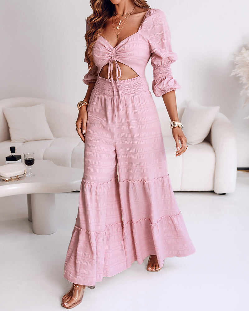 Sweetheart Neck Puff Sleeve Drawstring Front Shirred Overalls Casual Cutout Front Ruffle Hem Wide Leg Jumpsuit