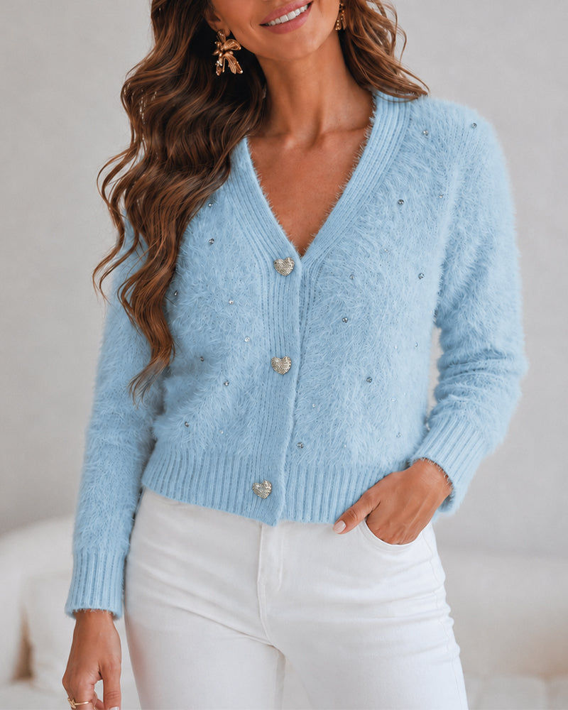 Women's Faux Mink Fur Knit Cardigan Elegant Pearl Rhinestone V Neck Sweater Crop Single Breasted Coat