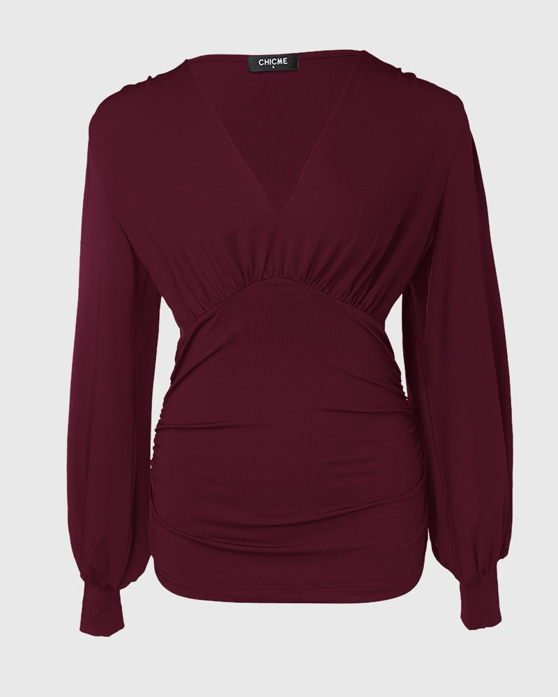 Deep V-Neck Lantern Sleeve Ruched Blouse Casual Slim Fit Top