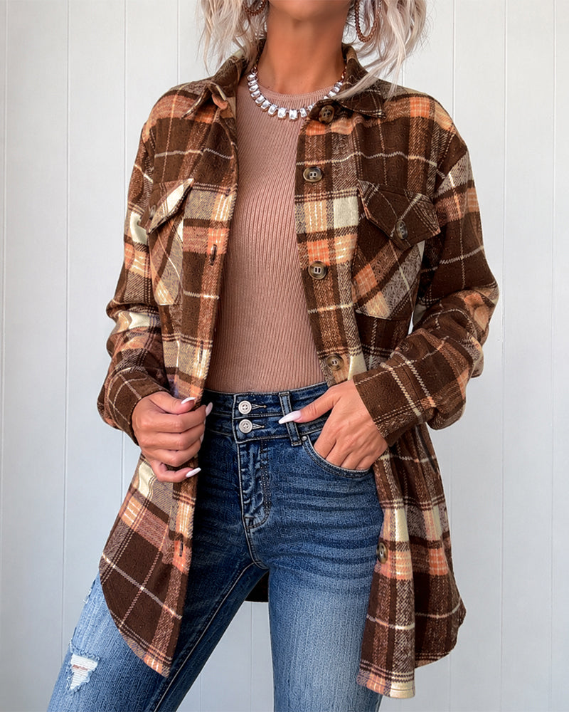 Women's Plaid Long Sleeve Button Down Brushed Shacket Casual Turn-down Collar Coat