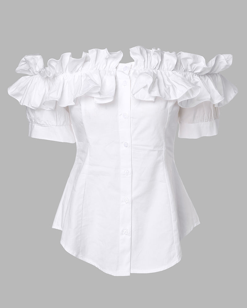 Ruffles Off Shoulder Short Sleeve Button Front Blouse Asymmetrical Hem Top