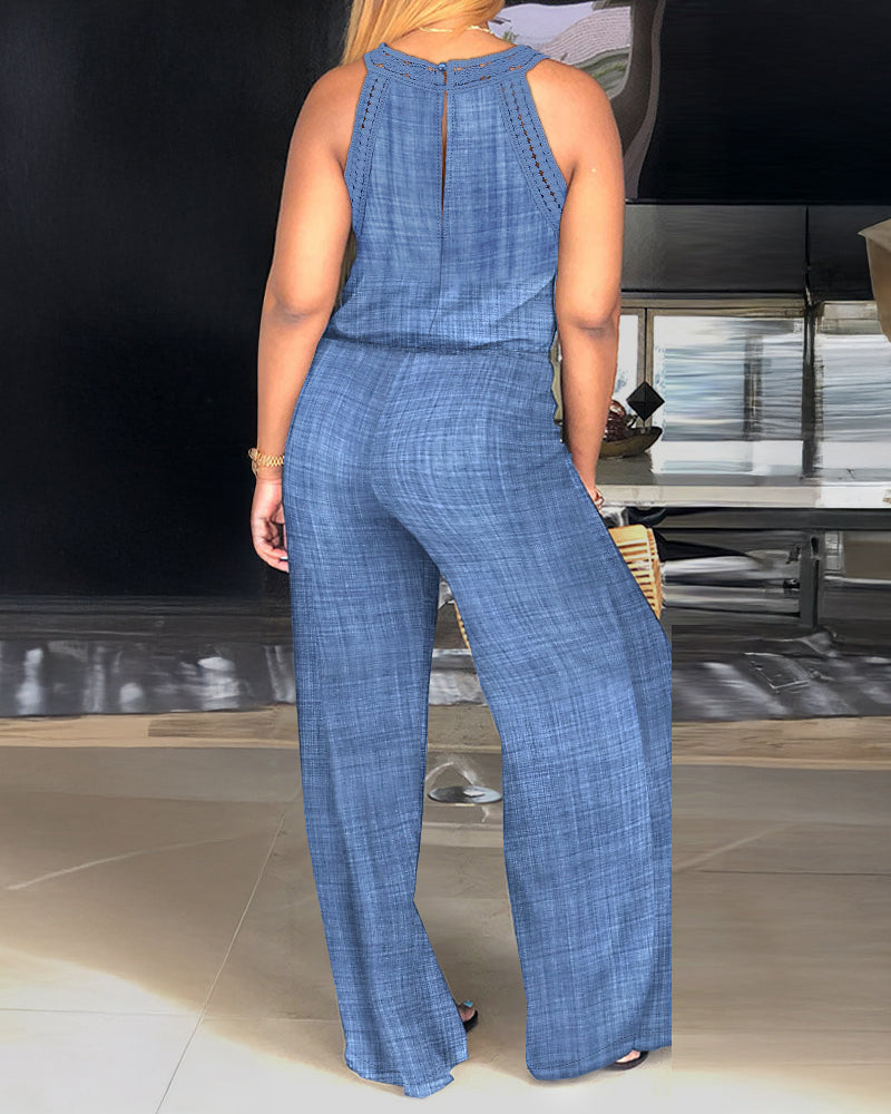 Women's Halter Jumpsuit Lace Trim Backless Overalls Tied Detail Wide Leg Jumpsuit with Pockets