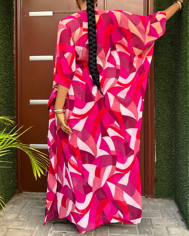 Women's Colorblock Geometric Print 2 Piece Set Batwing Sleeve V Neck Slit Longline Kaftan Top and Wide Leg Pants Set