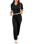 CHICME ESSENCE Women's Two Piece Knit Set Contrast Binding Short Sleeve and Drawstring Straight Leg Pants Casual Lounge Set