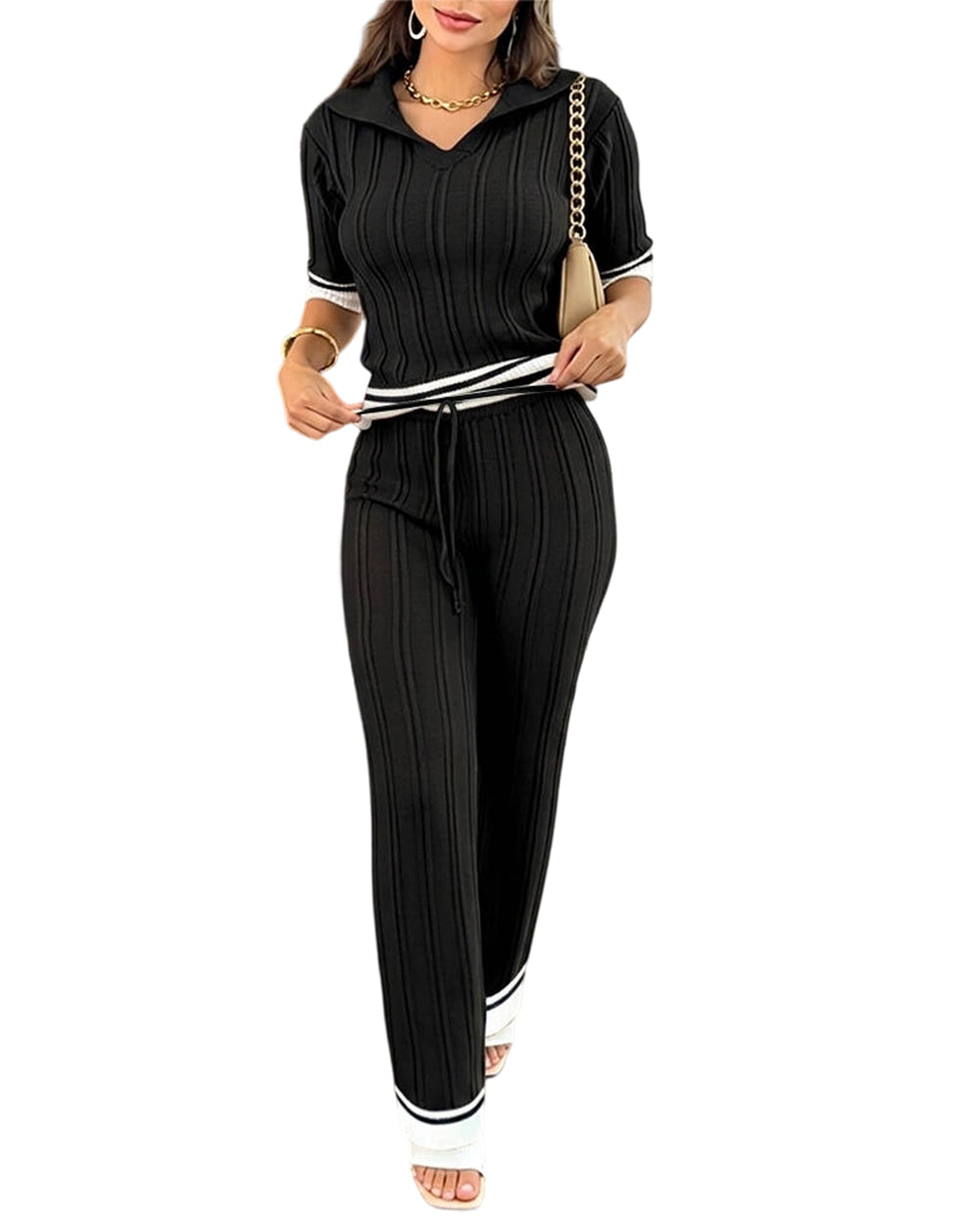 CHICME ESSENCE Women's Two Piece Knit Set Contrast Binding Short Sleeve and Drawstring Straight Leg Pants Casual Lounge Set