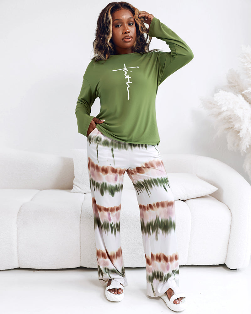 2 Pieces Outfit Letter Print Long Sleeve Top and Tie Dye Print Elastic Waist Pants Set Casual Pajamas Set