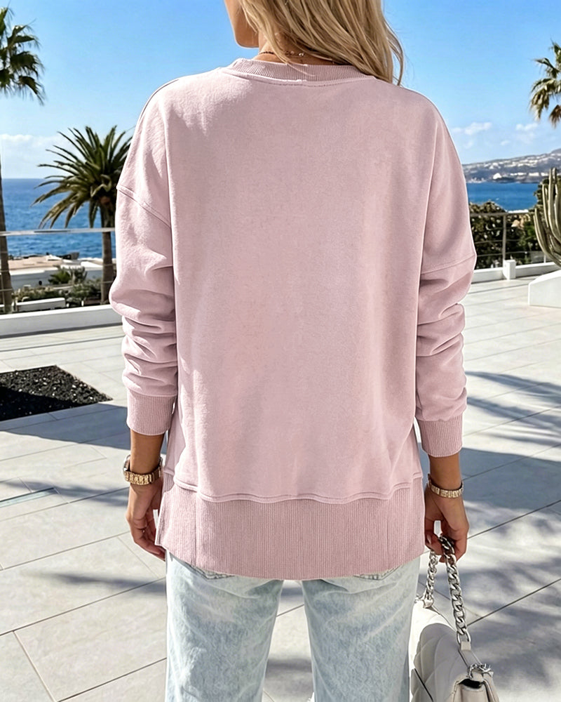 Women's Loose Crewneck Sweatshirt Embossed Letter Print Pullover Top Casual Side Slit Top