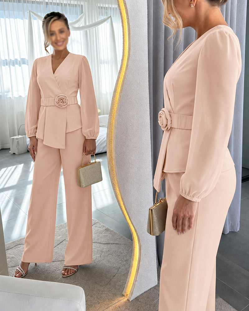 Women's 2 Piece Outfits Blazer Set Wrap V Neck Lantern Sleeve Top and High Waisted Straight Pants with Belt