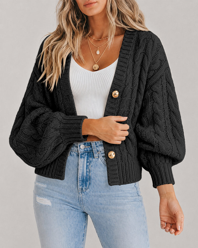 Women's Cable Knit Cardigan V Neck Button Down Chunky Knit Sweater Loose Lantern Sleeve Warm Outerwear