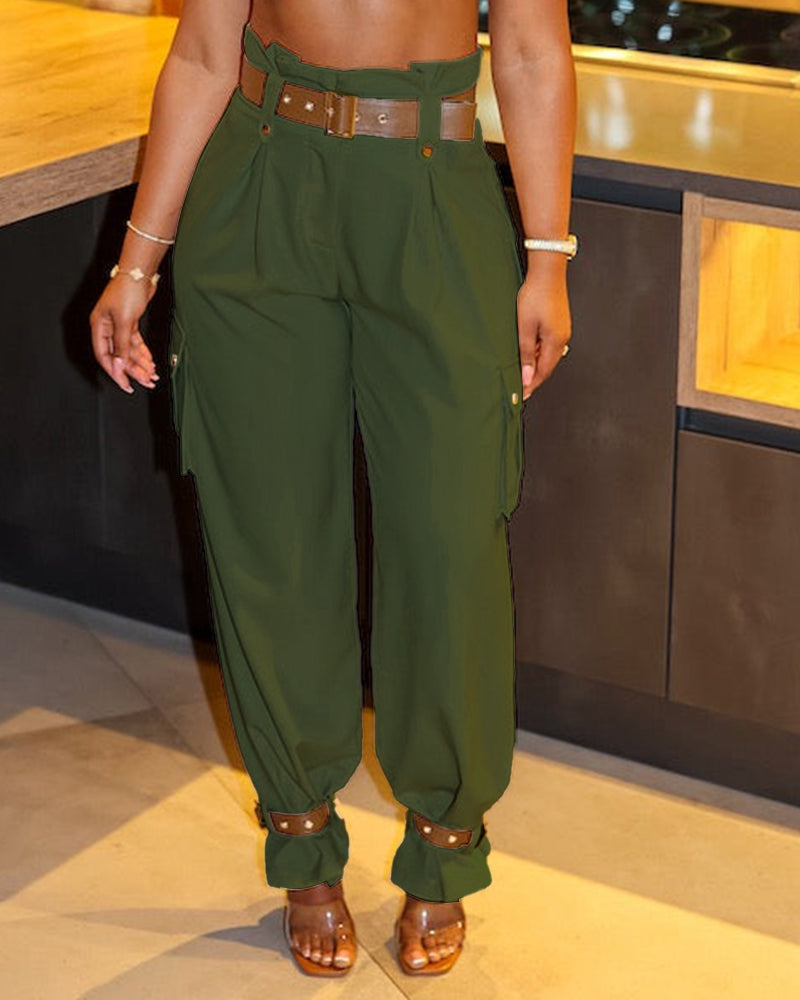 Women's Pockets Design Cargo Pants Casual High Waisted Trousers with Contrast Belt