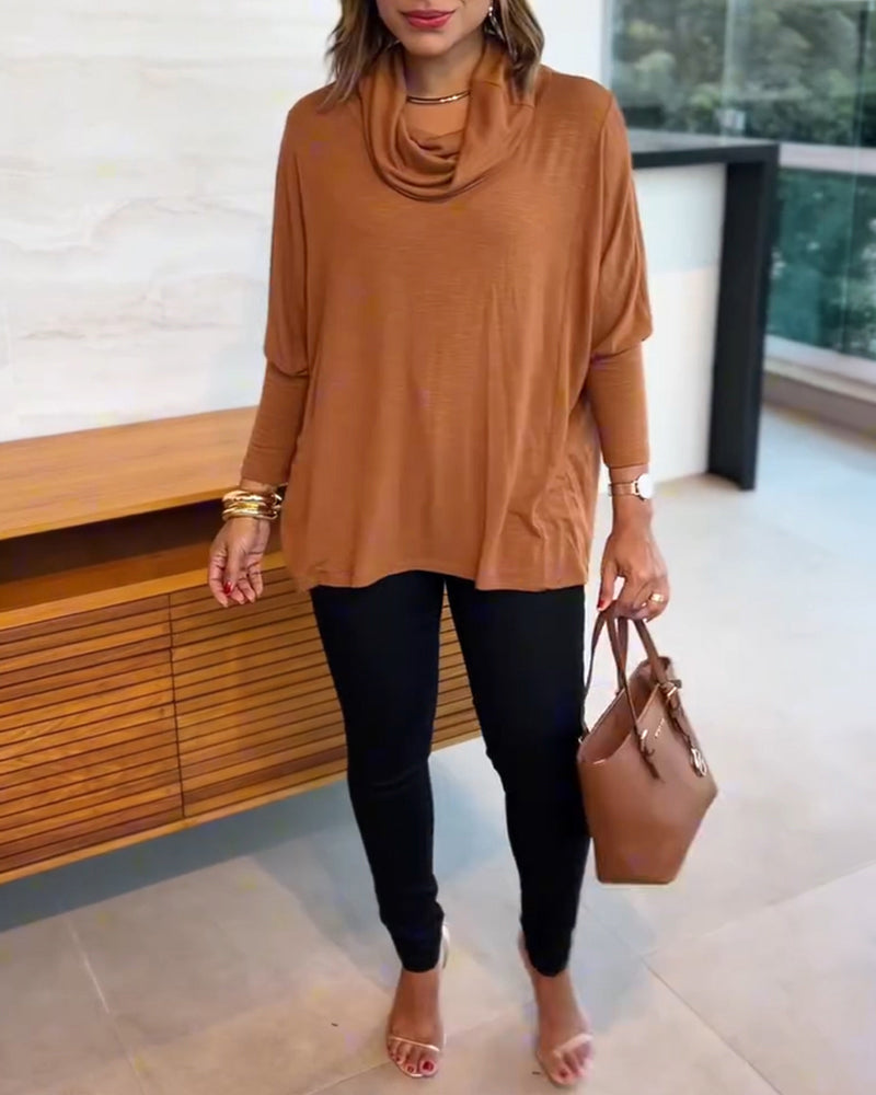 Women's Cowl Neck Batwing Sleeve Top Casual Long Sleeve Loose Pullover Comfortable Soft Drape Blouse