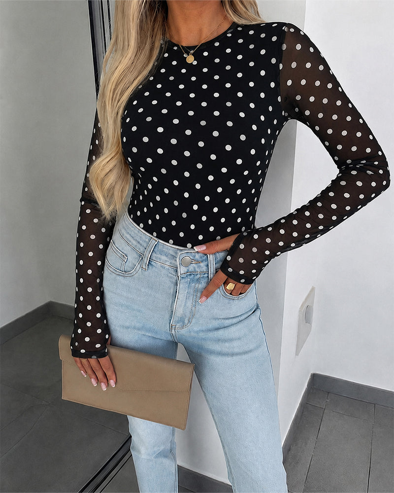 Women's Mesh Polka Dot Top Lined Sheer Long Sleeve Tee Crewneck Slim Fit Layering Under Base Top with Thumbholes