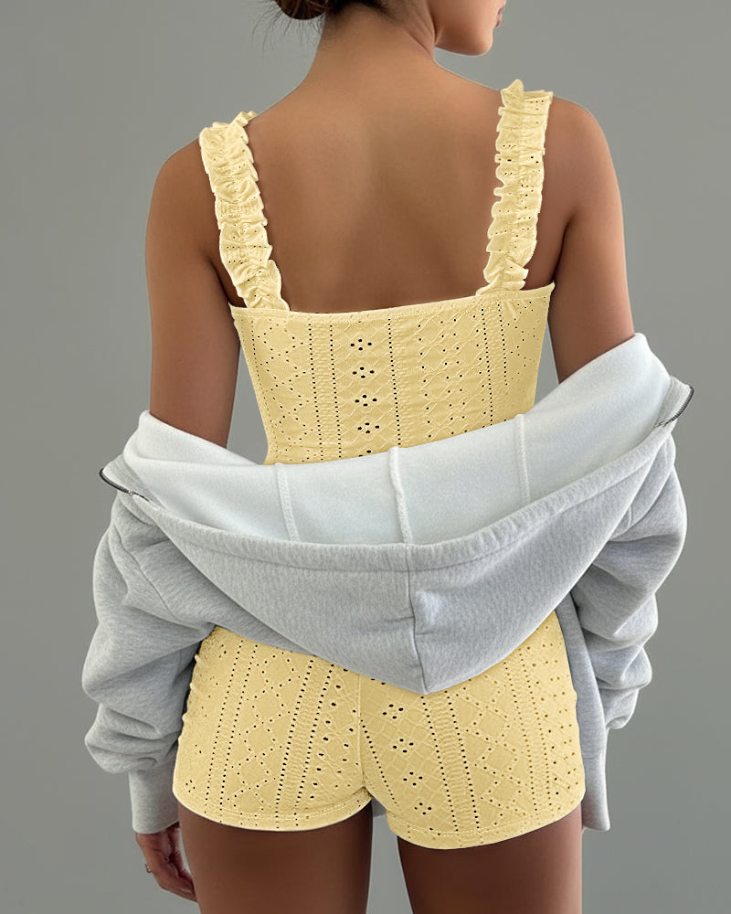 CHICME ESSENCE LOFT Women’s 2 Piece Pajama Set Square Neck Cami Top Frill Strap Tie Detail Shorts Knit Lounge Set