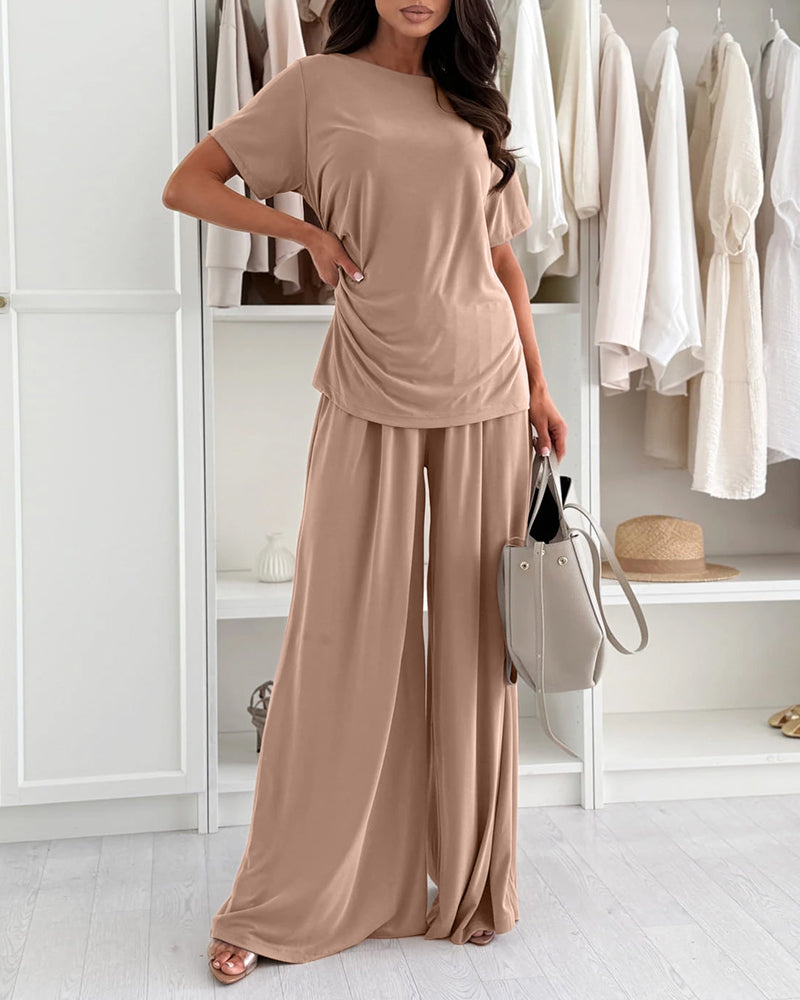 Women's 2 Piece Outfit Boat Neck Ruched Side Top and Wide Leg Pants Set Casual Draped Lounge Set