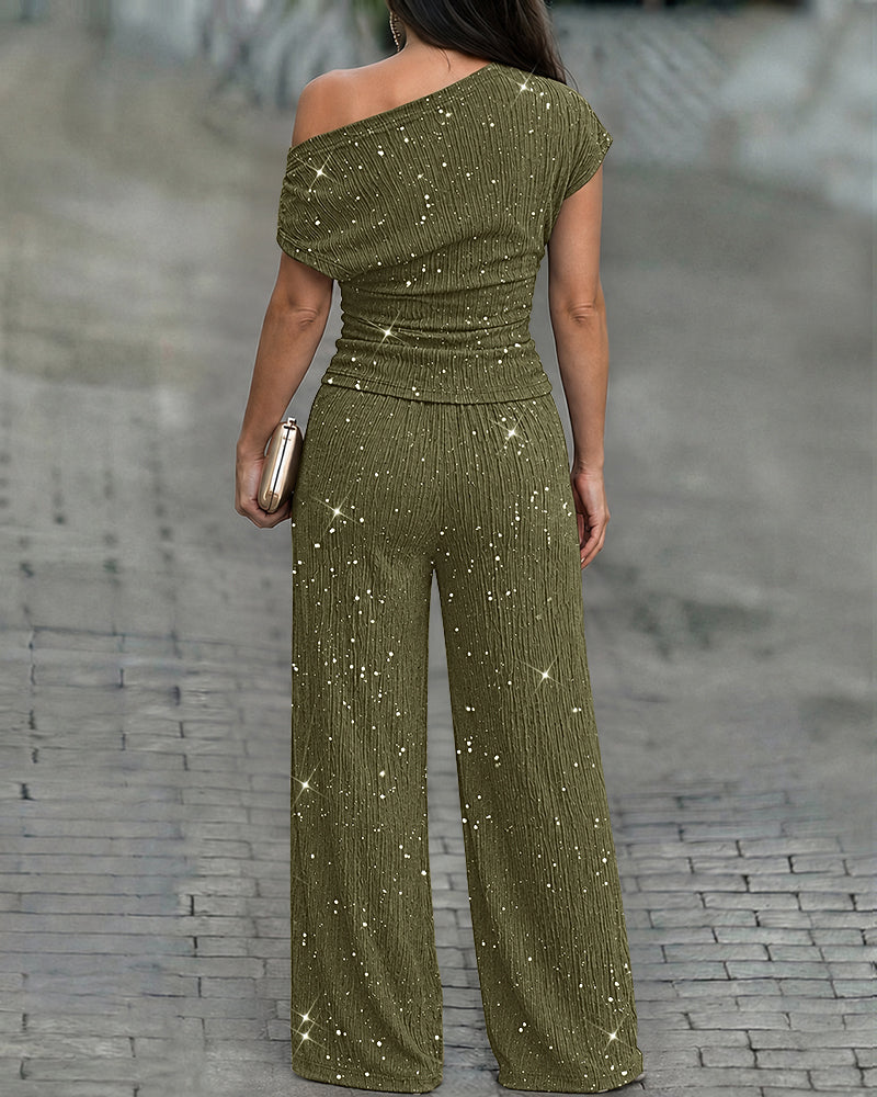 Women's Glitter Textured Two Piece Outfits Plisse Skew Neck Ruched Top and High Waisted Straight Leg Pants Set