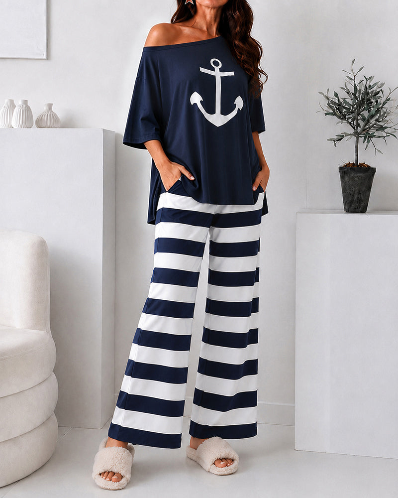 Women's Loungewear Set Anchor Print Side Slit Top and Striped Straight Leg Pants Set Casual Pajamas Set with Pockets