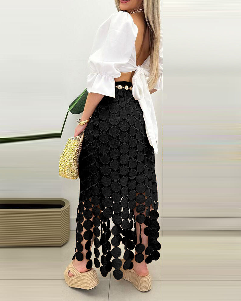 Women’s Lace Tassel Trim Bodycon Skirt Hollow-Out Detail High Waist Pencil Skirt with Side Zipper