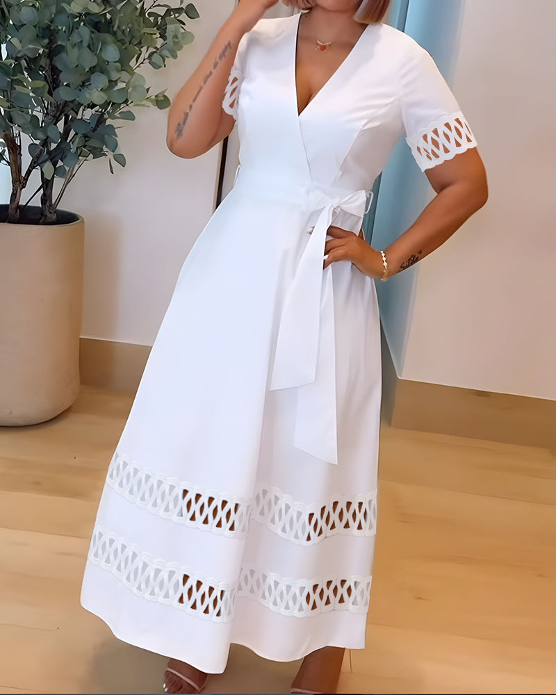 Overlap Deep V-Neck Hollow-out Spliced High Waist Maxi Dress Casual Zipper Back Tie Waist Vacation Dress