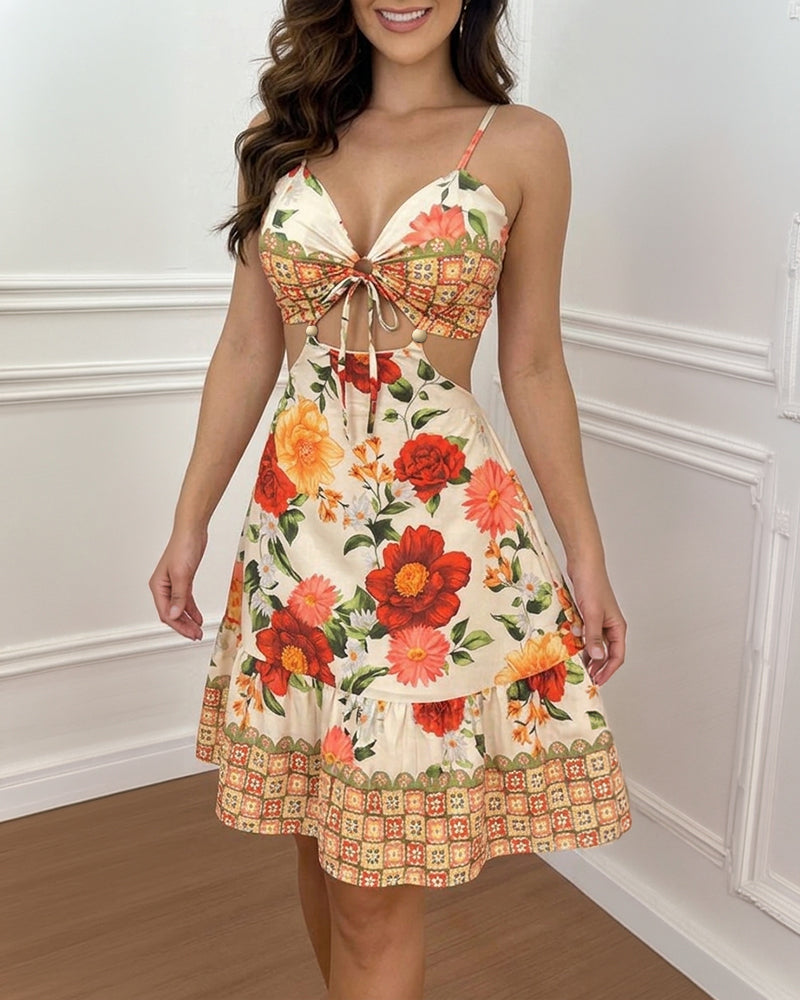 Women's Floral Print Boho Dress Sweetheart Neck Cut Out Tied Detail Summer Dress Ruffle Hem Ruched Vacation Dress