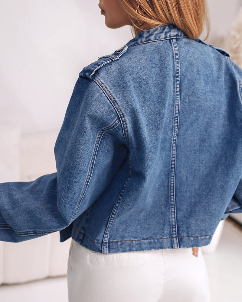 Women's Vintage Denim Jacket Stand Collar Button Decor Crop Jean Coat Washed Outwear with Pockets