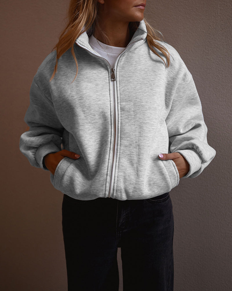 Women's Two-Way Zipper Front Stretchy Hem Coat Stand Collar Drop Shoulder Sweatshirt with Pockets