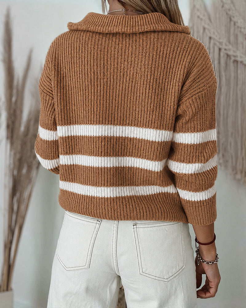 Women's Half Zip Striped Sweater Colorblock Turn-down Collar Knit Pullover Drop Shoulder Loose Fit Top