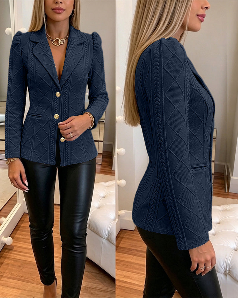 Women's Elegant Argyle Textured Blazer Slim Fit Puff Sleeve Suit Jacket Gold Button Work Office Commuter Blazer with Pockets