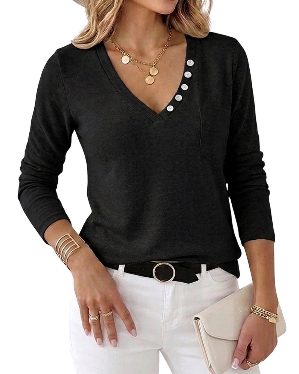 CHICME ESSENCE Women’s V-Neck Knit Top Long Sleeve Slim Fit Tee Button Decor Chest Pocket Casual Soft Pullover Shirt