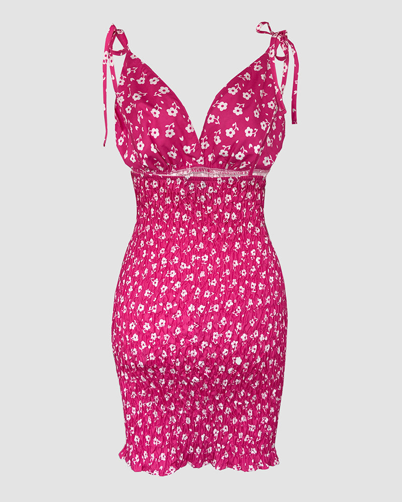 Women's Ditsy Floral Deep V Neck Shirred Sundress Sexy Tie Strap Backless Ruched Bodycon Cami Mini Dress