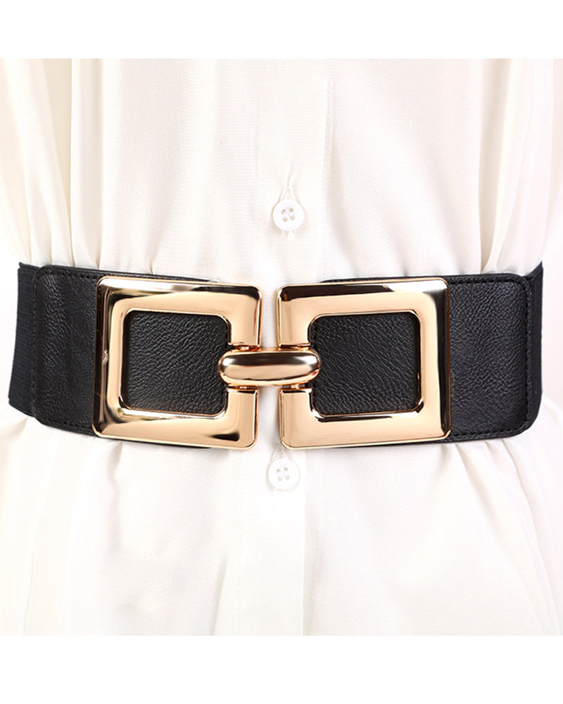 Wide Elastic Belt Fashion Square Gold Buckle Stretch Dress Belt Waistband