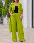 Women's 2 Piece Outfit Lapel Button Down Side Slit Longline Top and High Waisted Straight Leg Pants Set
