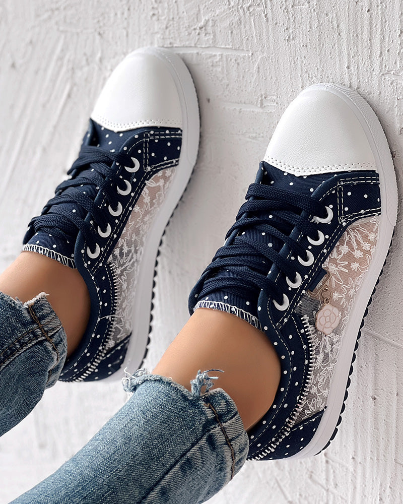 Floral Pattern Embroidery Dot Print Sneakers