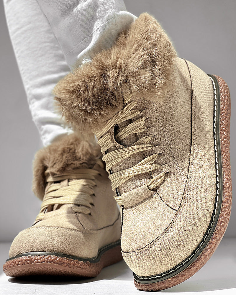 Fuzzy Detail Lined Lace-up Snow Boots