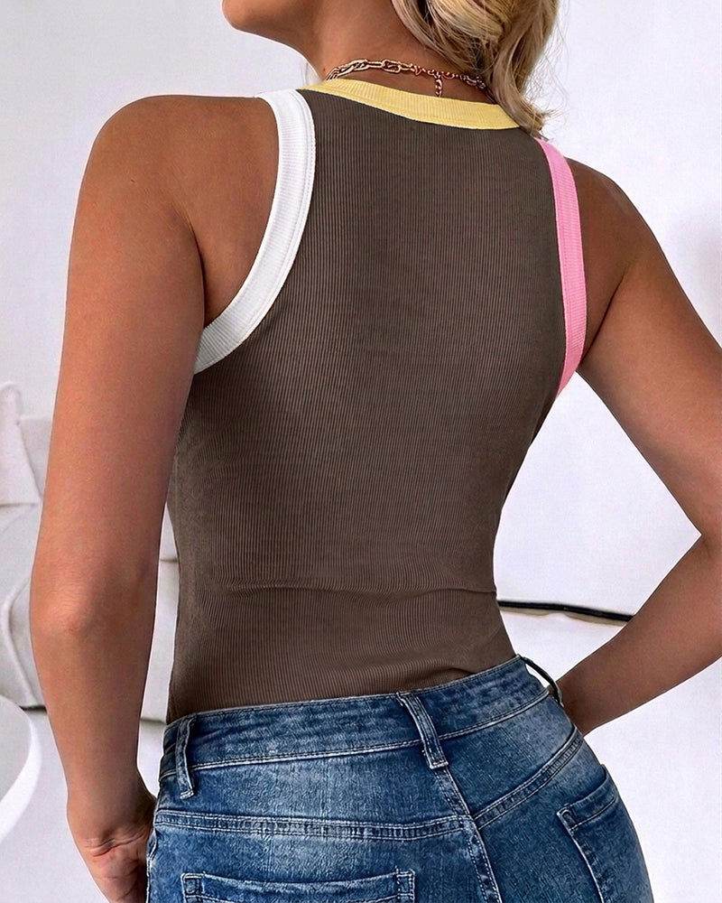 Women's Contrast Trim Ribbed Tank Top Slim Fit Sleeveless Round Neck Basic Camisole for Streetwear & Layering