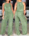 Women's Halter Jumpsuit Lace Trim Backless Overalls Tied Detail Wide Leg Jumpsuit with Pockets