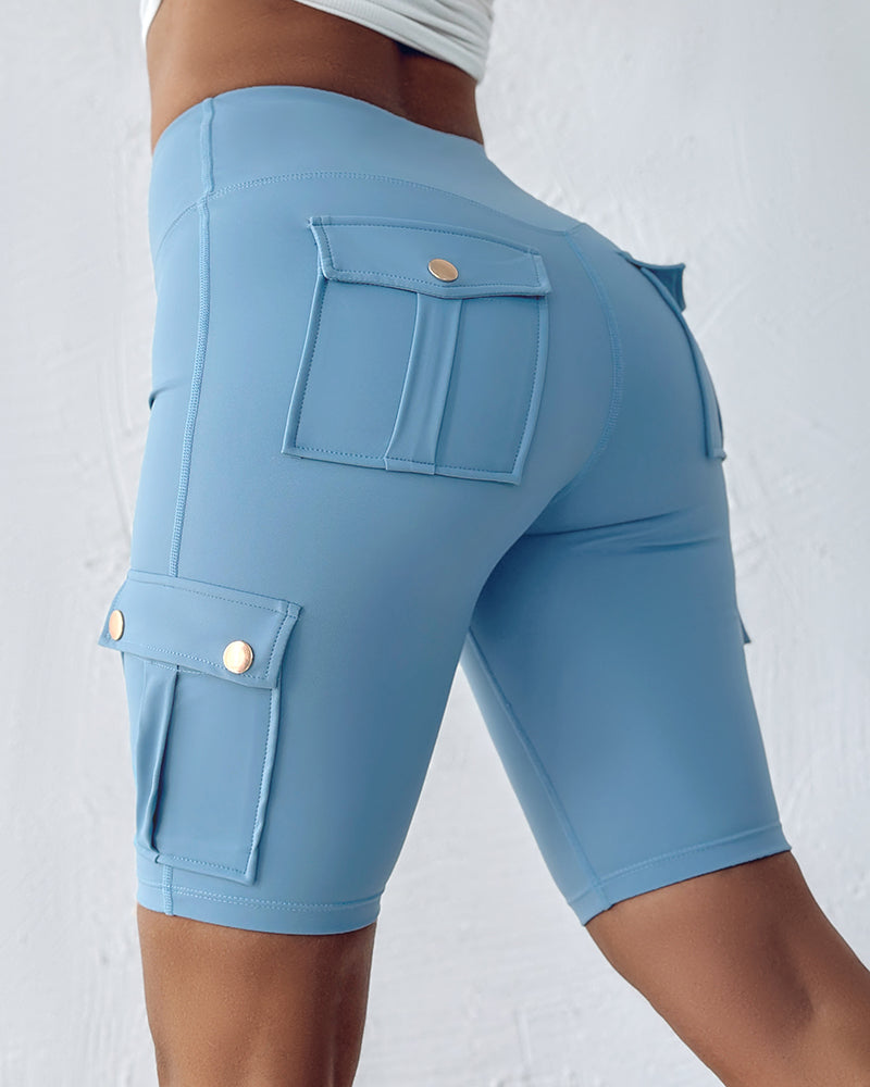Tummy Control Butt Lifting Active Shorts High Waist Flap Pocket Workout Bermuda Cargo Running Shorts