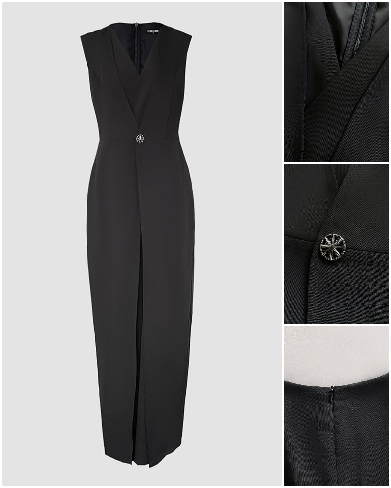 Plunge Sleeveless Button False Two Pieces Wide Leg Jumpsuit