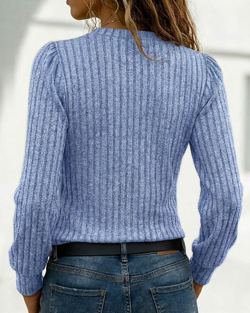 Button Decor Asymmetrical V-Neck Long Sleeve Ribbed Tee Casual Knit Brushed Top
