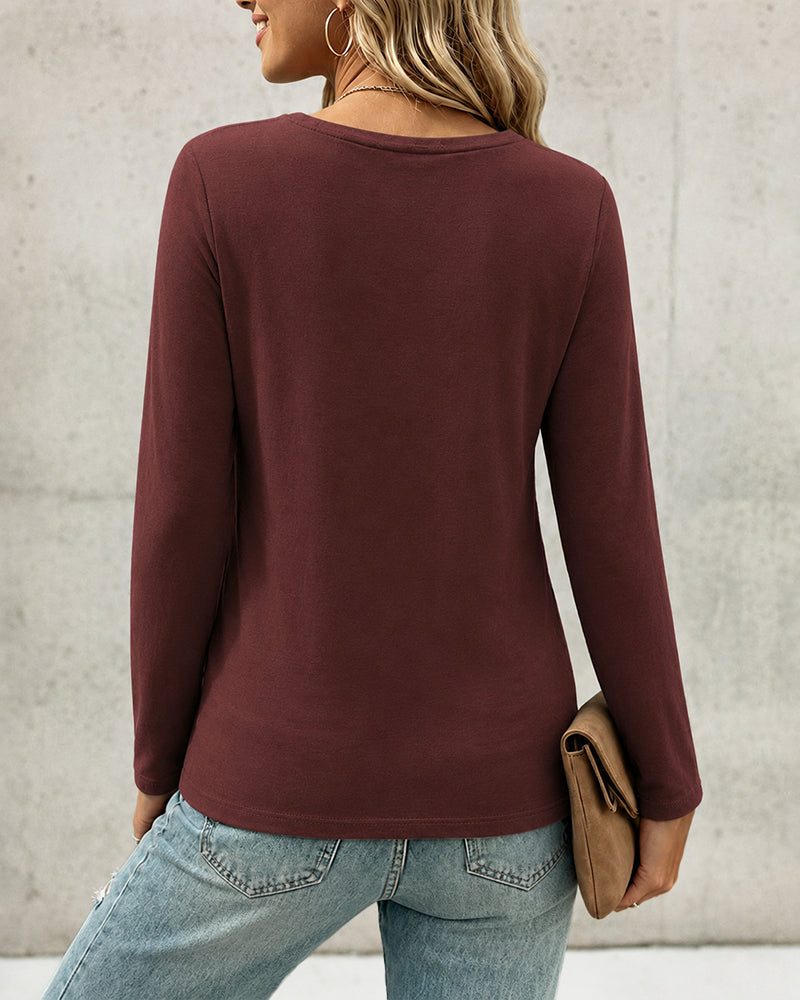 Women's Pleated V Neck T-Shirt Long Sleeve Button Decor Tee Casual Layering Top