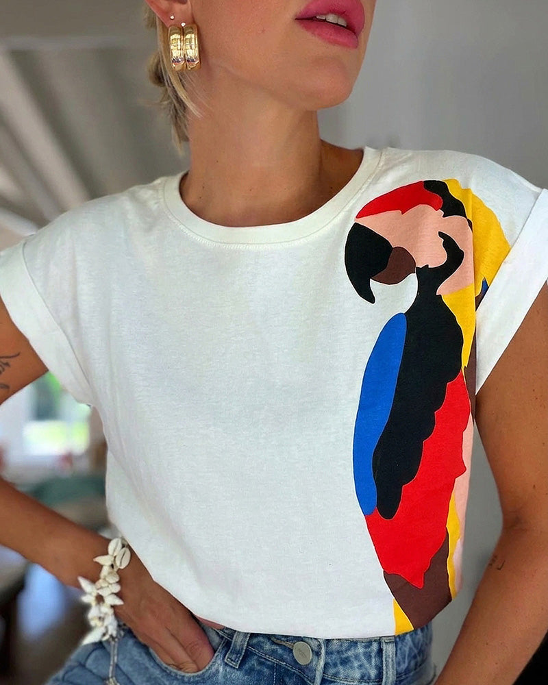 Women's Parrot Graphic Tee Loose Crewneck Cuffed Cap Sleeve T-Shirt Casual Top